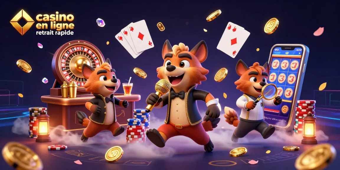 Animation d'un casino en ligne retrait rapide avec des hyènes, des pièces d'or et des jeux dynamiques.