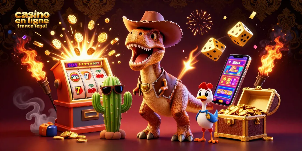 Le casino en ligne France légal présente un T-Rex cowboy avec une machine à sous explosive et une ambiance festive.