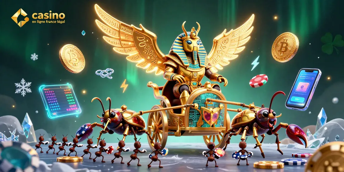 Jouez au casino en ligne légal en France avec une illustration captivante d'un scarabée colossal en armure pharaonique entouré de pièces crypto.