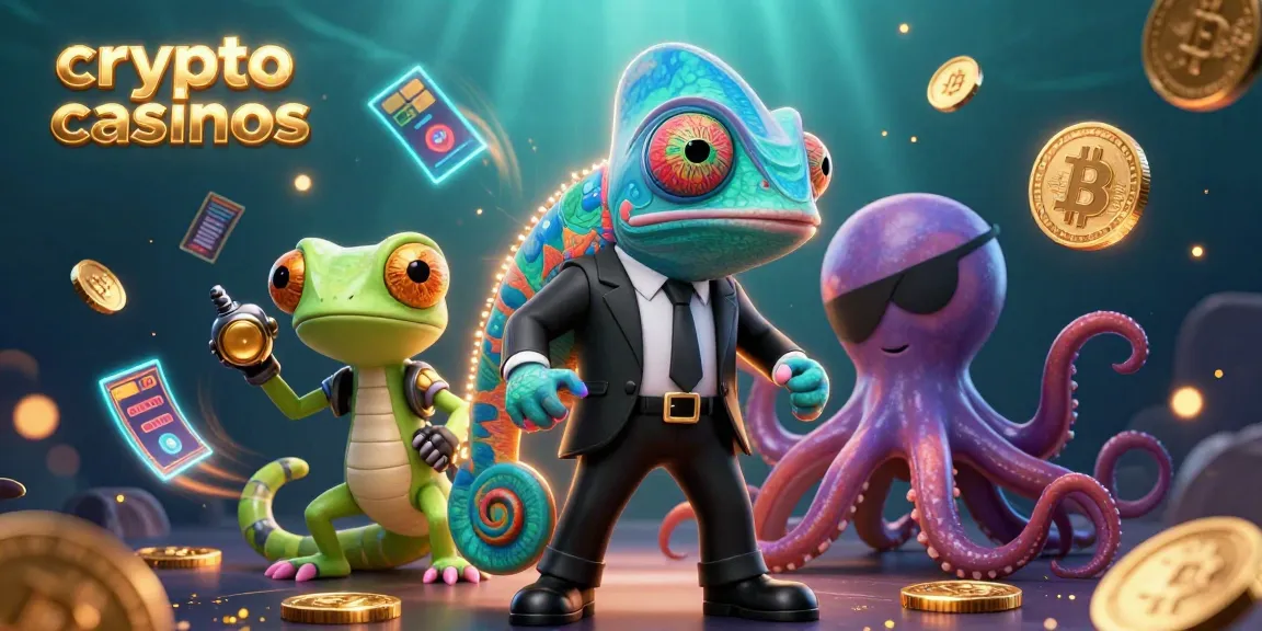 Les crypto casinos mettent en vedette un caméléon agent secret, un gecko ingénieur, et une pieuvre, entourés de pièces de cryptomonnaies.