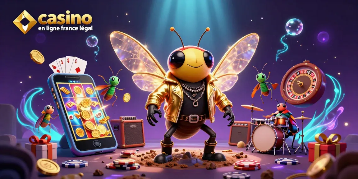 Illustration d'un rockeur cigale et ses musiciens célébrant le casino en ligne France légal avec des jeux de cartes et des pièces d'or.