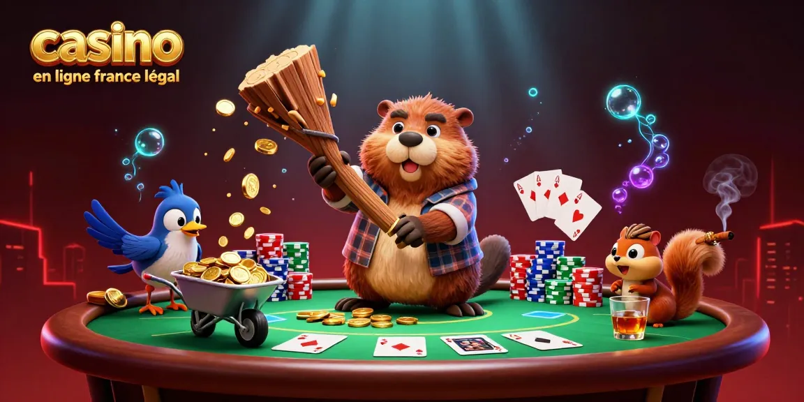 Illustration animée représentant un castor en chemise à carreaux pour "casino en ligne france légal" en pleine action de jeu.