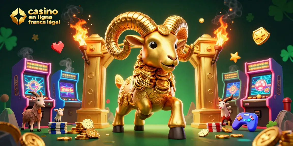 Illustration dynamique représentant un casino en ligne France légal avec un bélier doré et des machines à sous.