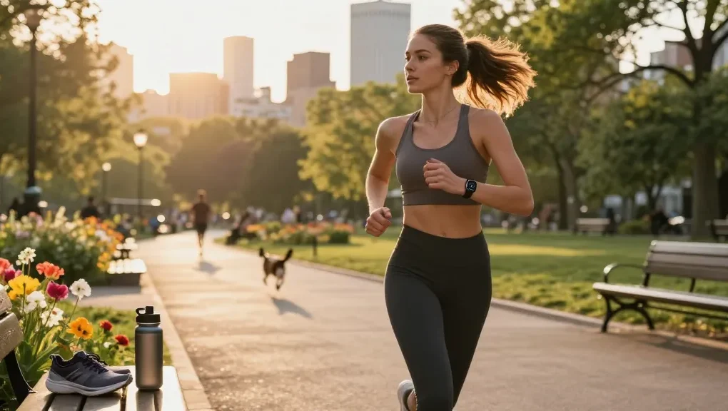 Wanita jogging dalam pakaian atletik dengan smartwatch https://www.polarfitbitshop.com/fitbit-luxe/ di taman perkotaan, menunjukkan gaya hidup aktif.