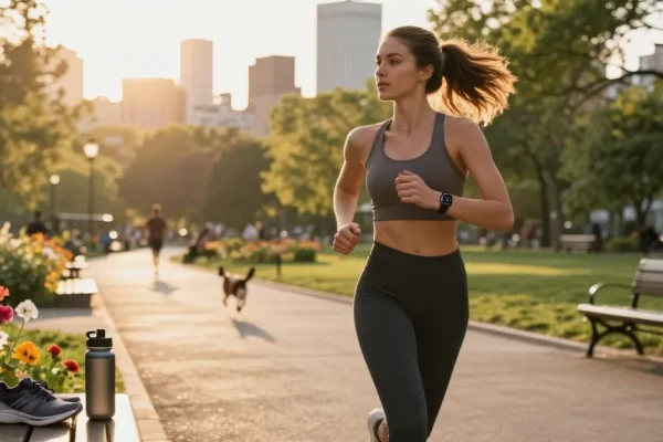 Wanita jogging dalam pakaian atletik dengan smartwatch https://www.polarfitbitshop.com/fitbit-luxe/ di taman perkotaan, menunjukkan gaya hidup aktif.