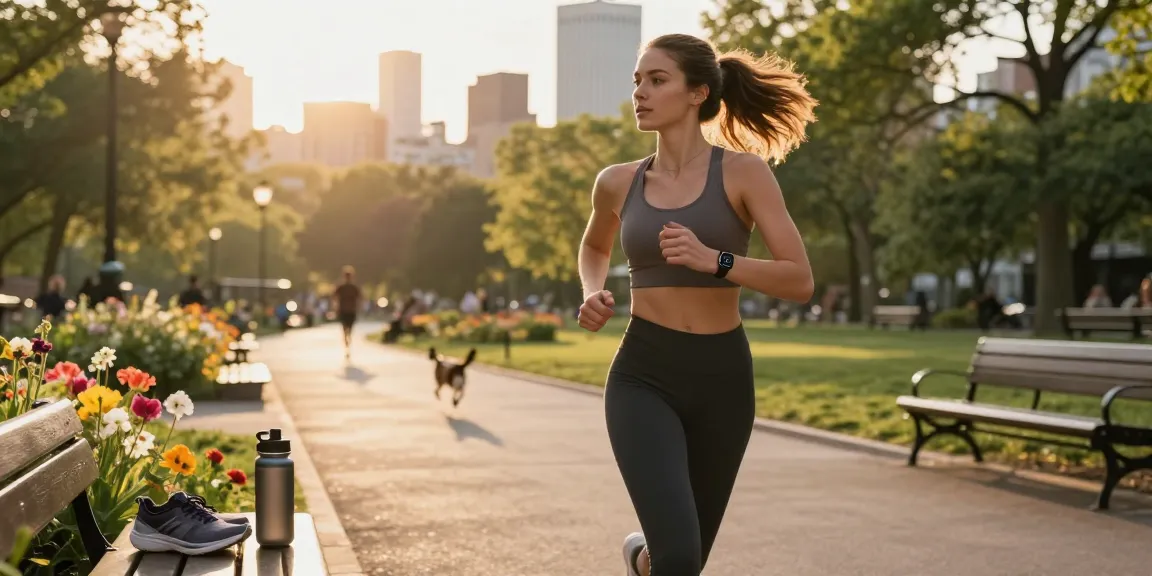 Wanita jogging dalam pakaian atletik dengan smartwatch https://www.polarfitbitshop.com/fitbit-luxe/ di taman perkotaan, menunjukkan gaya hidup aktif.