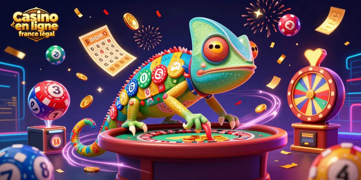 Illustration dynamique sur le thème "casino en ligne france légal" mettant en scène un caméléon propriétaire de casino avec des éléments de jeu festifs