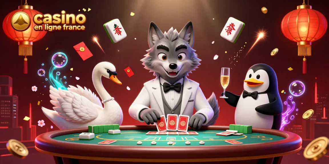 Plongez dans l'univers du casino en ligne France avec un loup élégant au baccarat, entouré de cartes et de décorations festives.