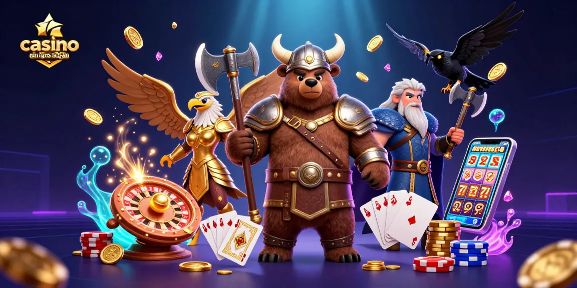 Casino en ligne France légal : illustration 3D captivante d'un ours viking et d'une aigle valkyrie dans un monde de jeux.