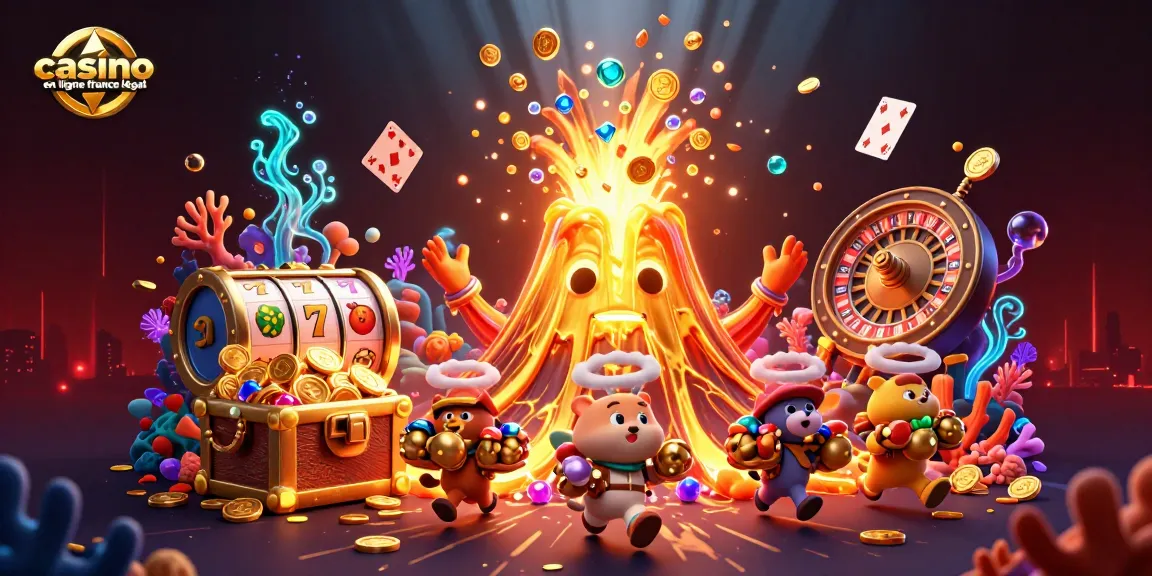 Une scène dynamique de jeu de casino en ligne France légal avec un volcan doré et des trésors.