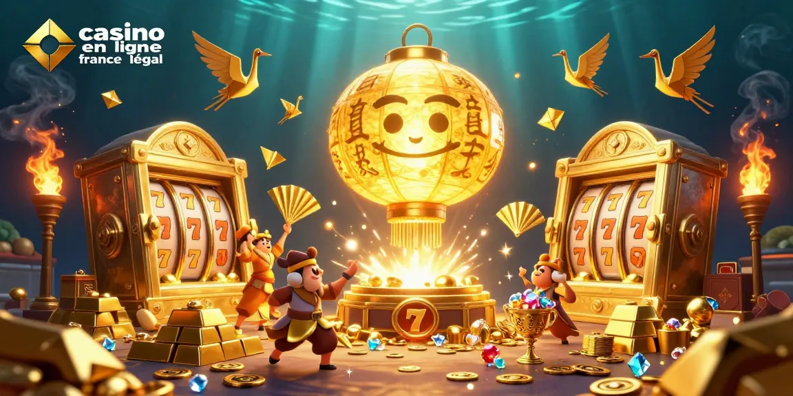 Illustration dynamique présentant le casino en ligne légal en France avec un esprit lantern lumineux et des guerriers en éventail, entourés de trésors et de rouleaux de machines à sous.