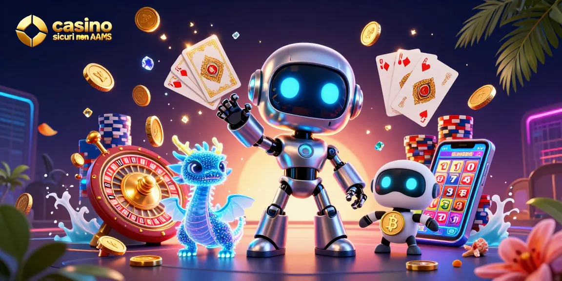 Gioca nei casino sicuri non AAMS con un robot 3D e un drago AI tra scintillanti monete d'oro.