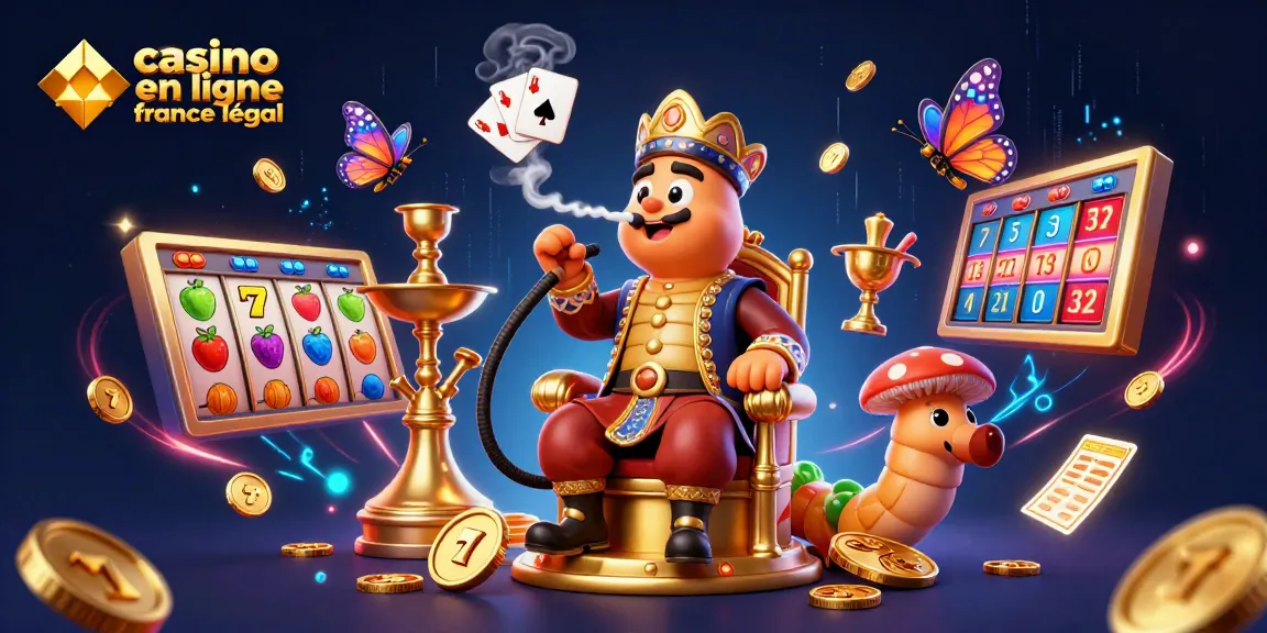 Illustration d'un casino en ligne France légal avec un maître de hookah et des rouleaux de machines à sous.