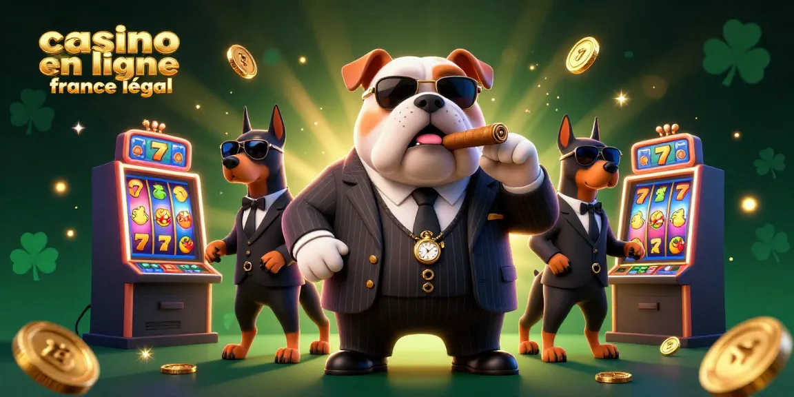 Illustration dynamique de "casino en ligne en France légal", avec bulldog mafieux et machines à sous colorées.