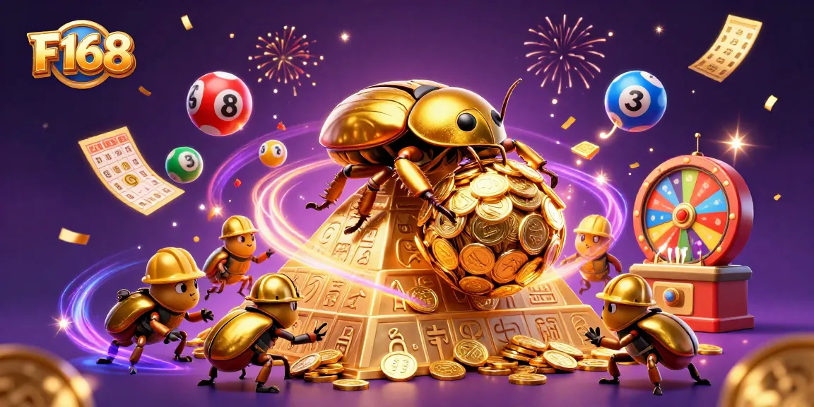 Win with F168 as a golden beetle rolls coins, lottery balls bounce in a vibrant casino scene.