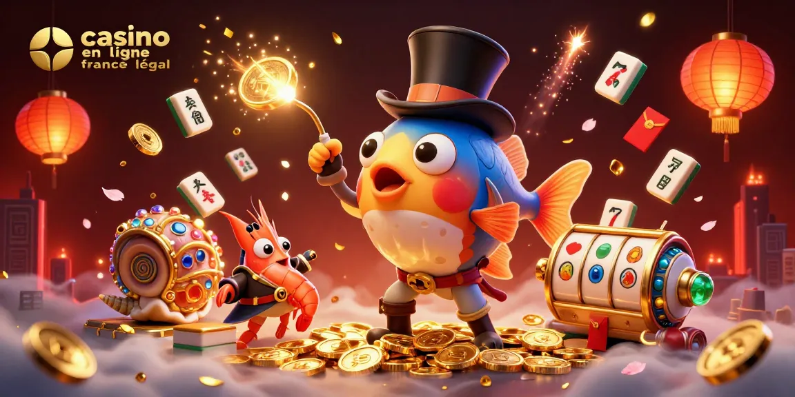 Illustration colorée d'un poisson lanternes dans un haut de forme attirant des pièces d'or, représentant le casino en ligne France légal.
