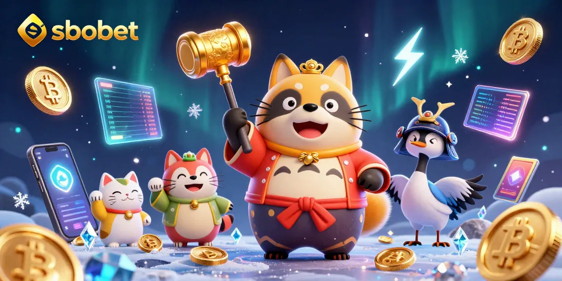 Engage with sbobet through a vibrant casino illustration showcasing festive characters and crypto elements.