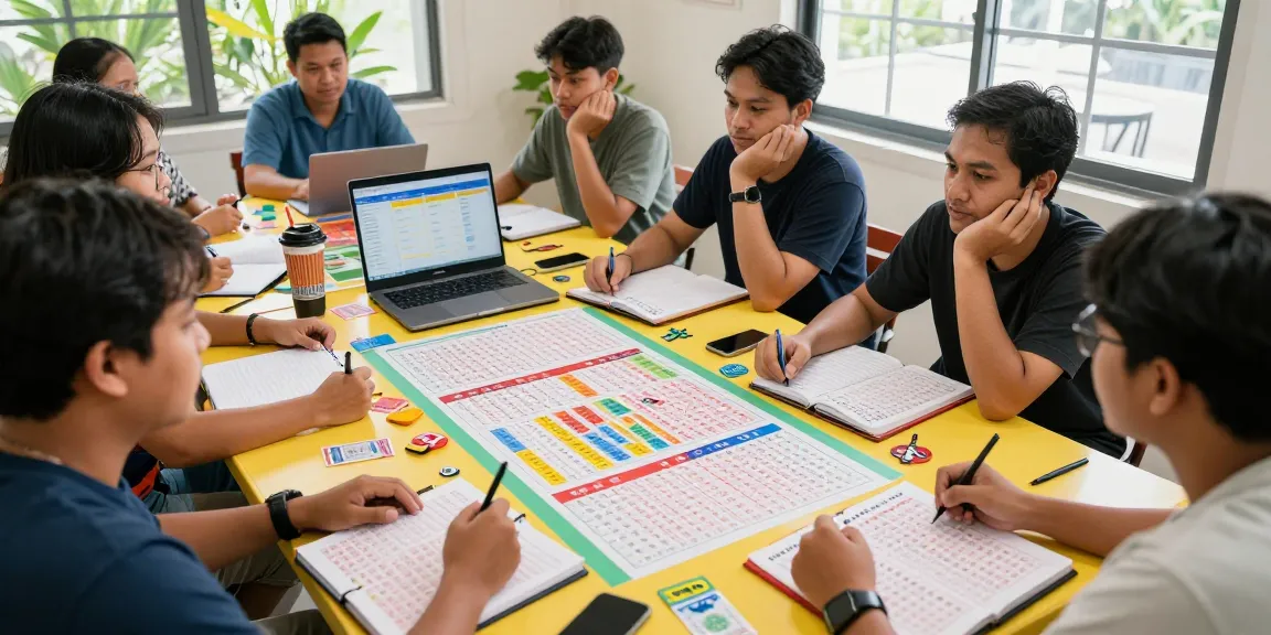 Diskusi strategi syair menang dengan data dan grafik di meja berwarna-warni.