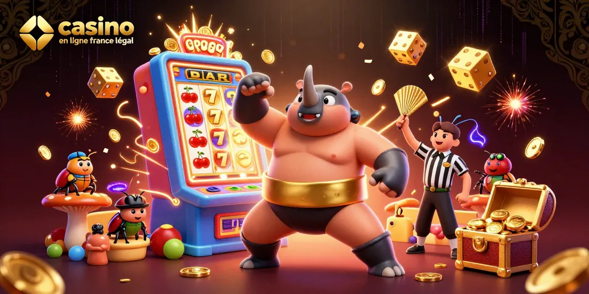 Illustration dynamique représentant un champion sumo scarabée rhinocéros dans un casino en ligne France légal.