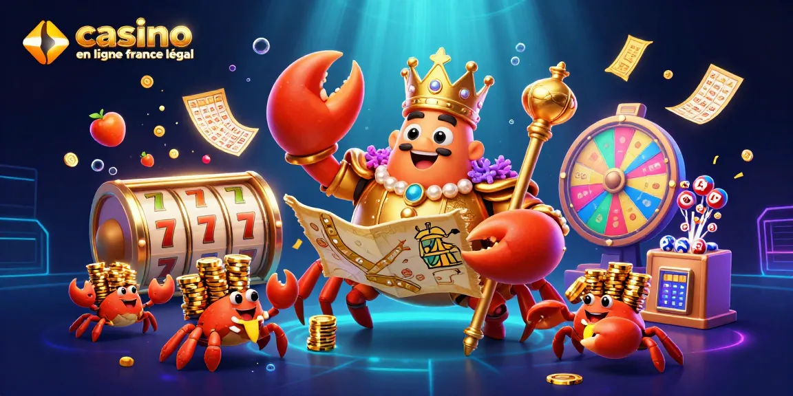 Jouer sur un casino en ligne France légal, guidé par l'empereur crabe doré entouré de jeux de jackpot.
