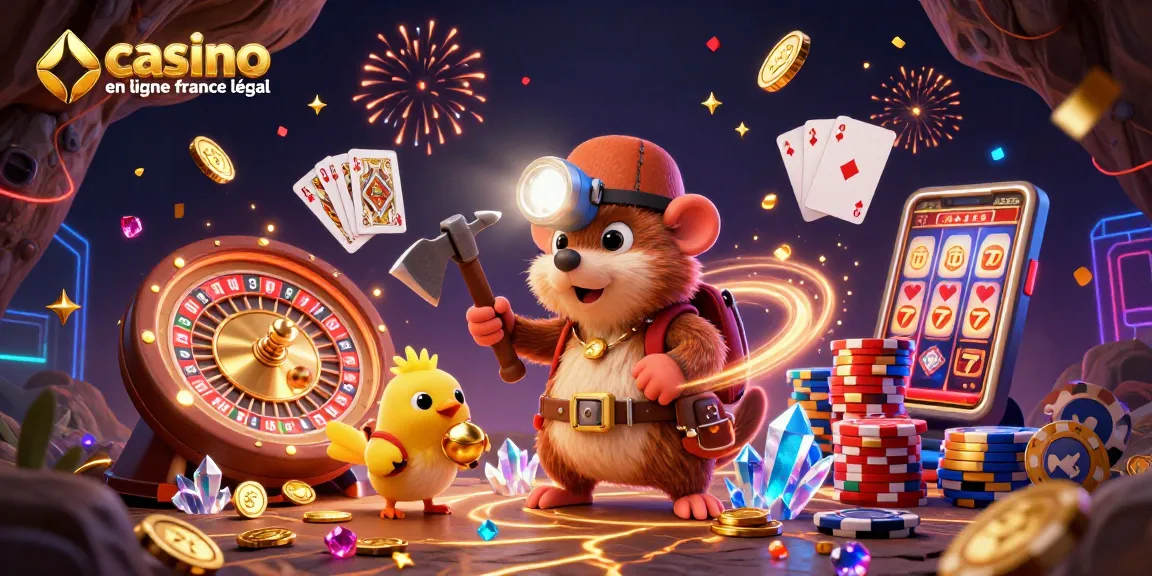 Plongez dans l'univers du casino en ligne France légal avec cette illustration dynamique mettant en scène un mole et sa canarie dans un monde de trésors scintillants.