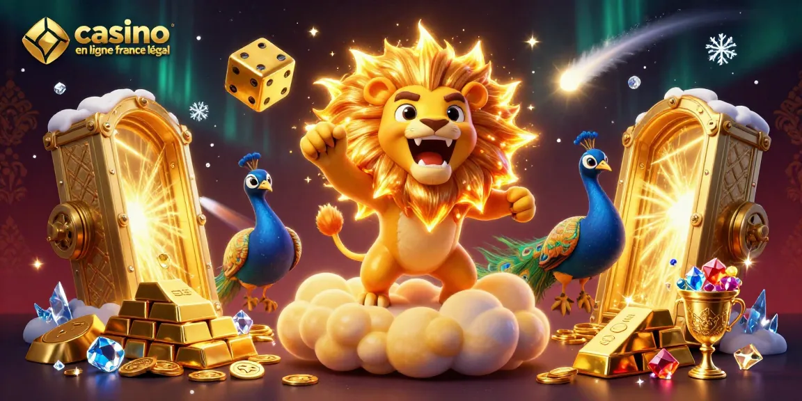 Illustration dynamique illustrant un lion de casino en ligne France légal, aux côtés des dés dorés et des fleurs