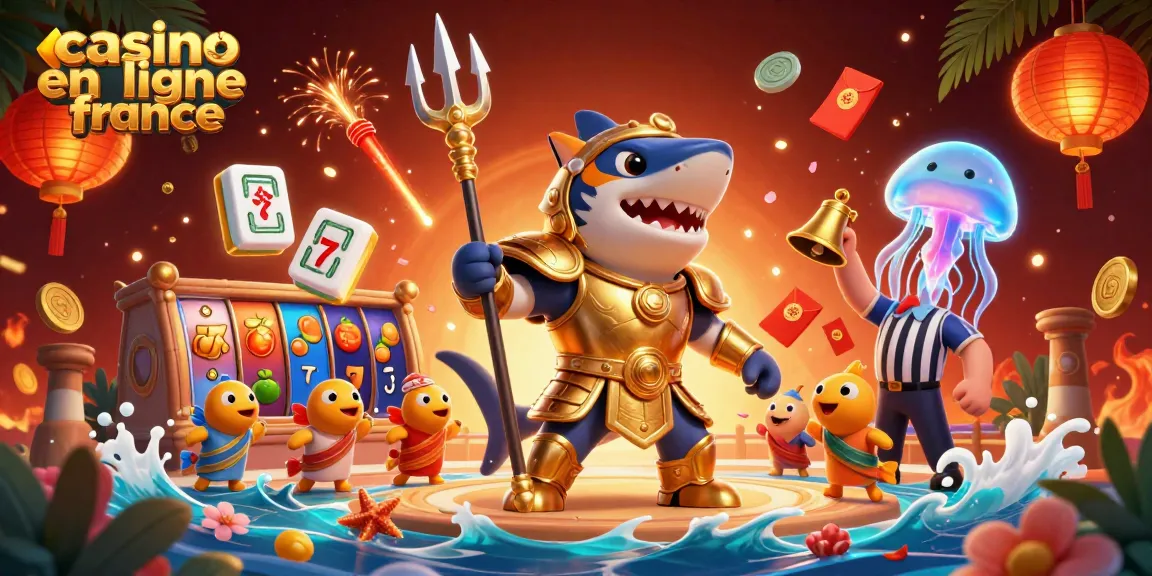 Visualisez l'action au casino en ligne France avec un requin tigre armé et des symboles de jeu entourés de confettis dorés.