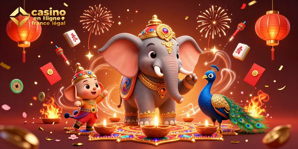 Vivez l'expérience festive des jeux avec casino en ligne France légal, incluant un éléphant Diwali et des décorations vibrantes.