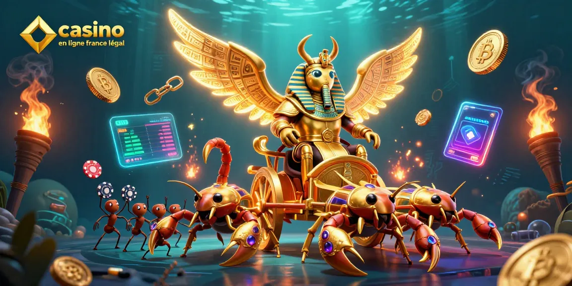 Jouez sur un casino en ligne France légal avec des éléments fascinants comme un scarabée doré et des scorpions jewelés.