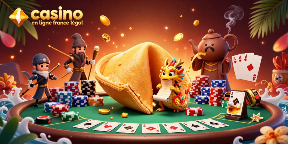 Illustration de casino en ligne France légal avec un dragon sage et un biscuit fortune, mettant en avant des éléments de poker.
