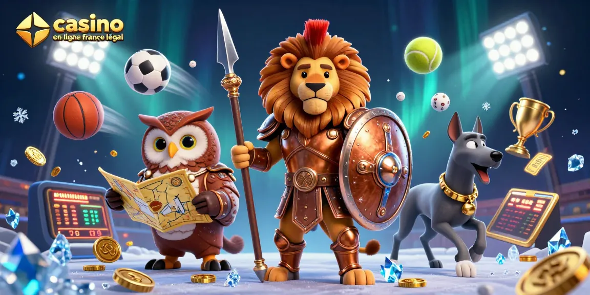 Représentation animée d'un lion Spartan dans un casino en ligne légal en France entouré d'éléments de jeux.