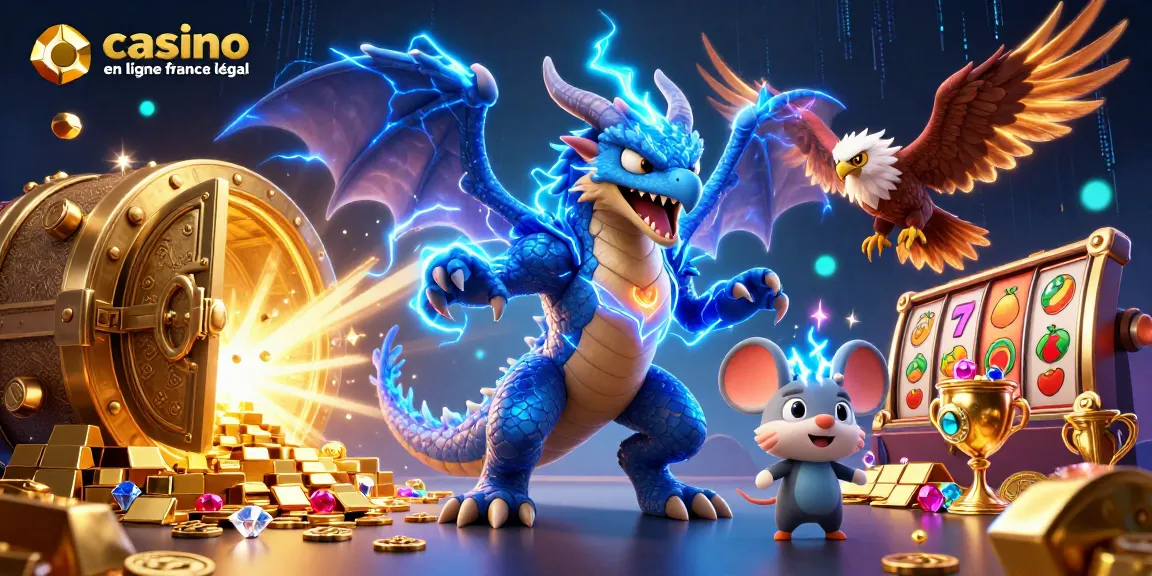 Jouez au casino en ligne France légal avec une scène captivante de dragon et de trésors scintillants.