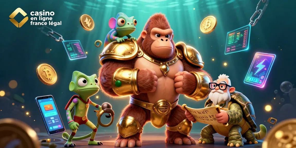 Image dynamique d'un roi gorille en armure dorée et ses compagnons, représentant le casino en ligne légal en France.