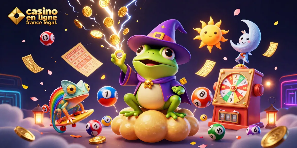 Visualisez une scène captivante de casino en ligne légal en France avec un grenouille magicien et un caméléon sur des nuages d'or.