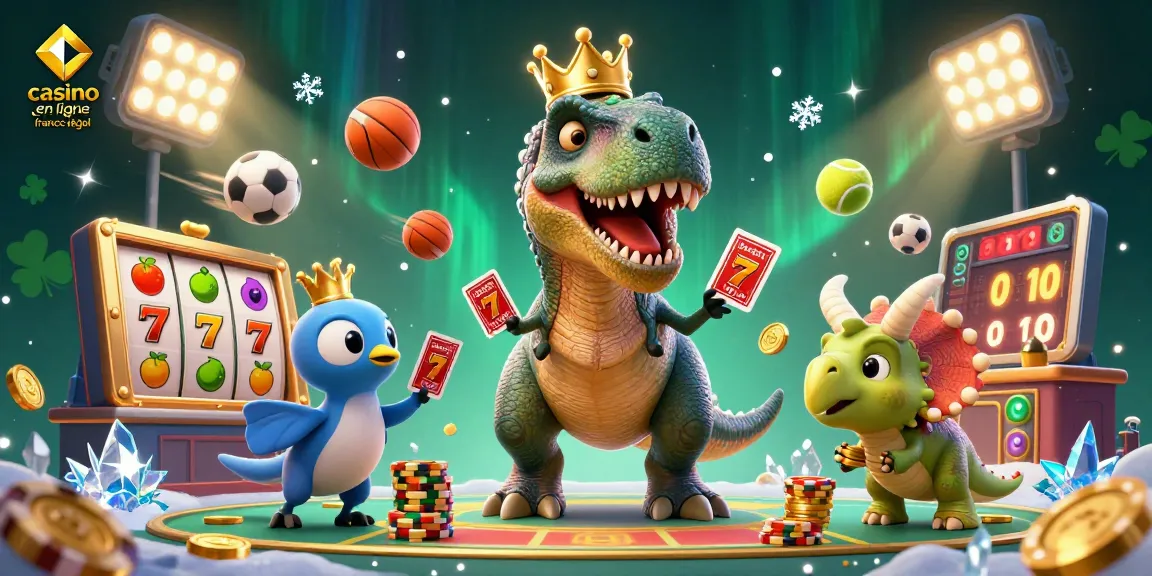 Illustration captivante d'un T-Rex en couronne, jouant aux cartes dans un casino en ligne France légal.
