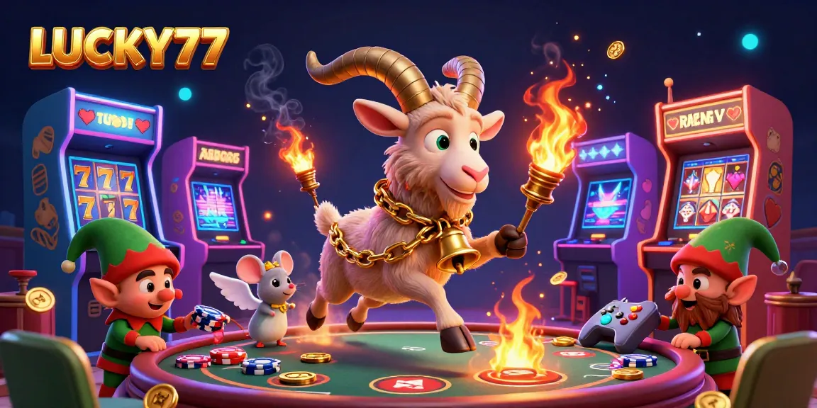 LUCKY77 presents a festive casino scene with a Krampus goat, playful elf gremlins, and lively slot machines.