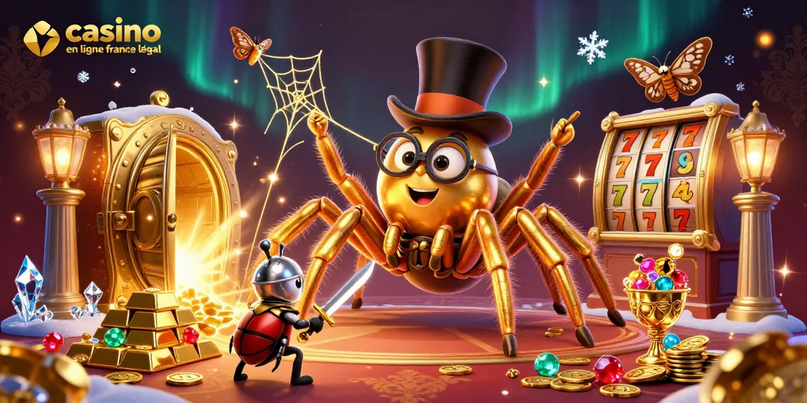 Visualisation de la scène animée de casino en ligne France légal, avec une tarentule dorée et un chevalier.