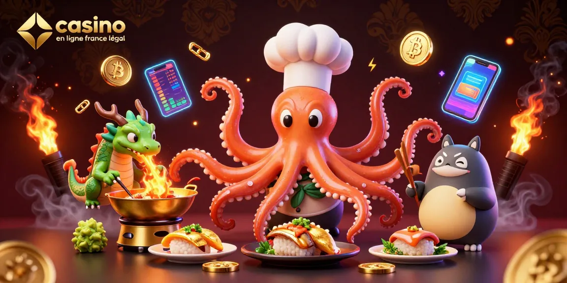 Préparez-vous à gagner avec le casino en ligne légal en France, illustre chef sushi et dragon en feu.
