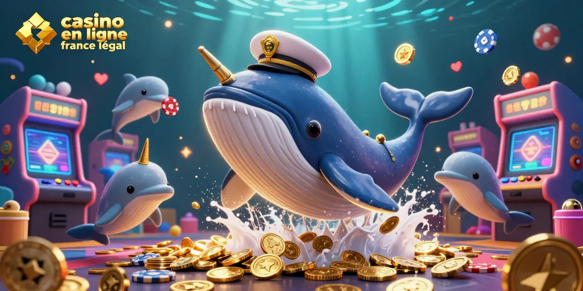 Illustration dynamique de casino en ligne France légal avec un baleinographe et des dauphins jouant