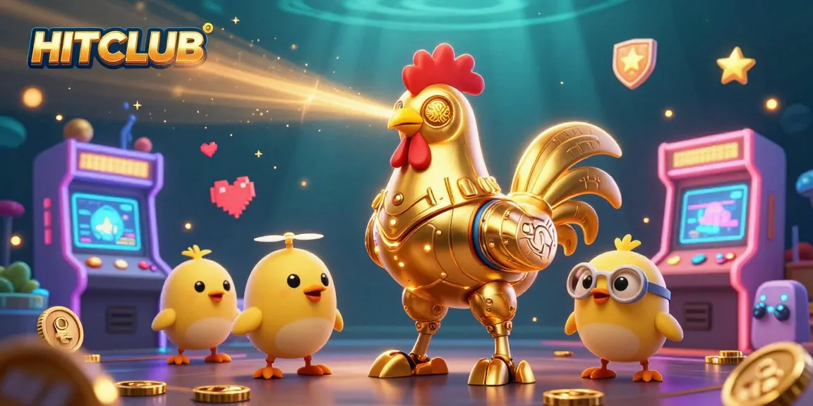 HITCLUB presents a vibrant gaming experience with golden rooster robot characters enhancing the excitement in an arcade atmosphere.