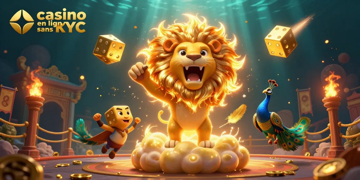 Une scène dynamique illustrant l'expérience d'un casino en ligne sans KYC, avec des éléments de jeu animés et des personnages colorés.