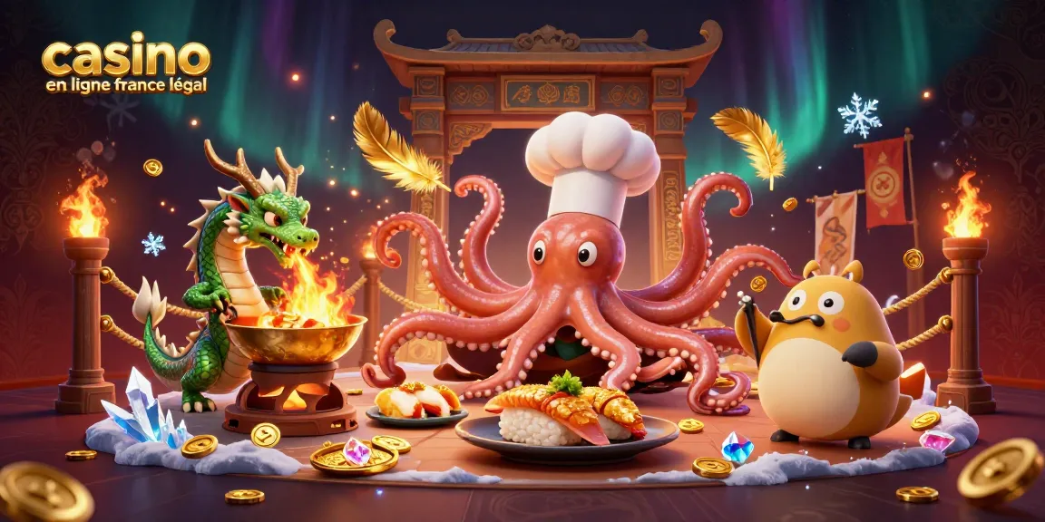 Illustration dynamique de casino en ligne France légal avec un octopus chef cuisinier et un dragon, en action festive.