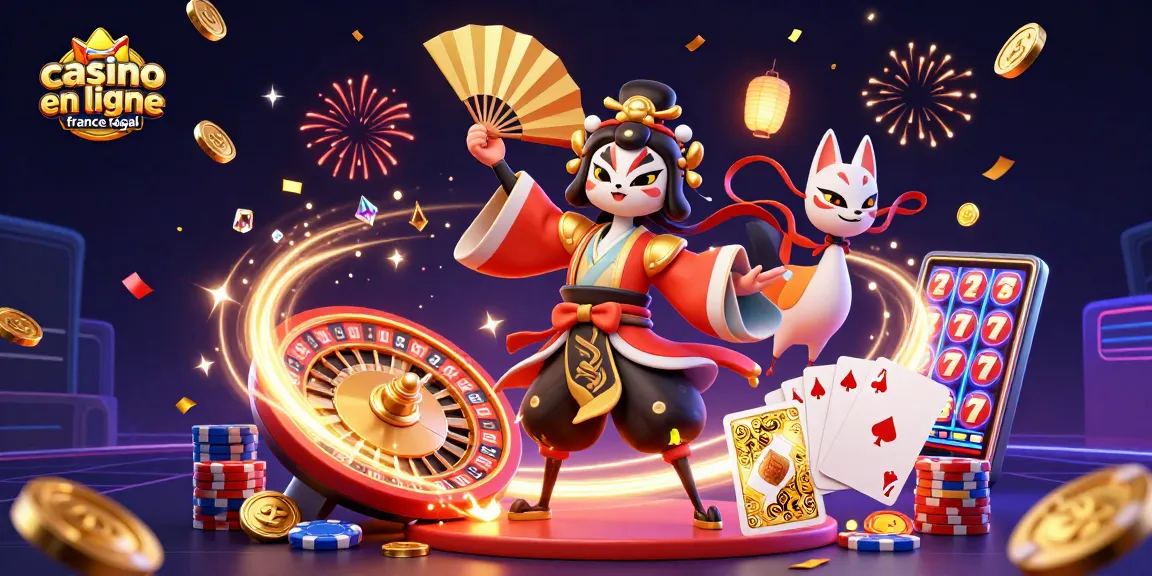 Illustration dynamique de casino en ligne légal en France avec un guerrier kabuki et des éléments de jeu