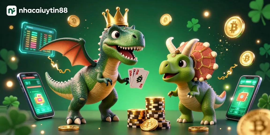Engage with nhacaiuytin88's vibrant casino scene featuring a dinosaur-themed card game.