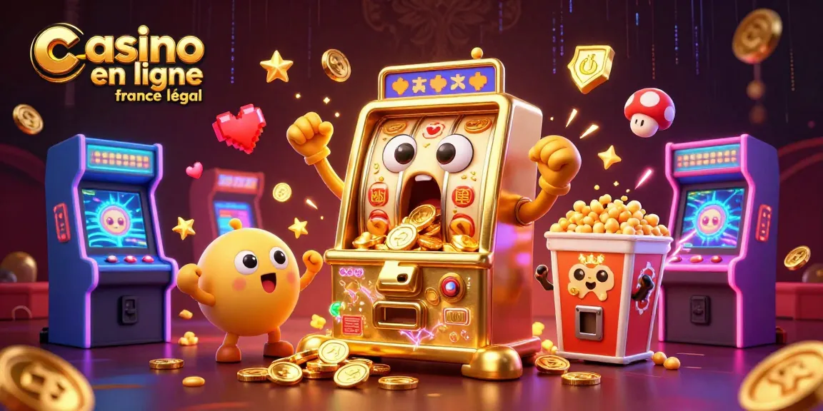 Jouez dans un casino en ligne légal en France avec une machine à sous dorée gagnante et des pièces qui fusent.