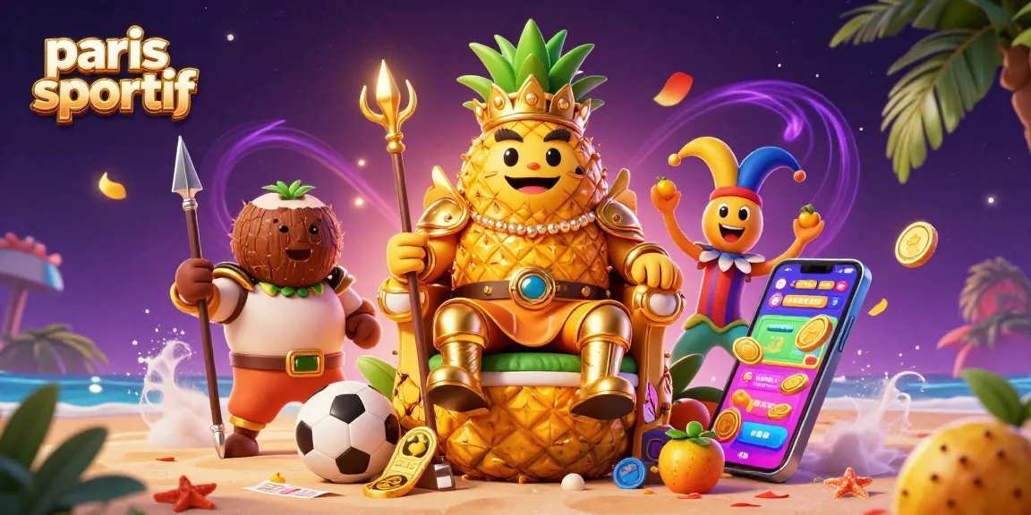 Le roi ananas doré et ses gardes, représentant le paris sportif, entourés de ballons et de trophées.