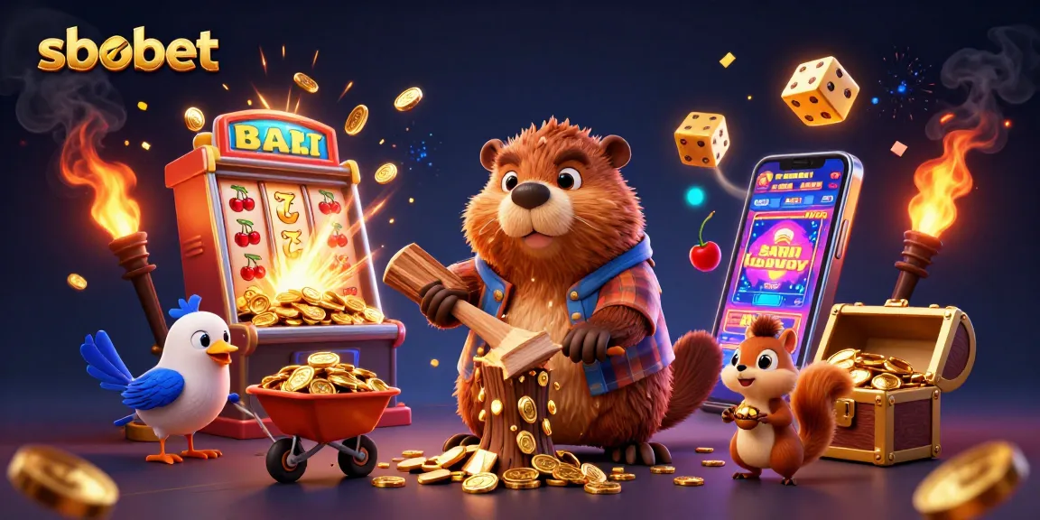 Engage with sbobet at a vibrant 3D casino scene featuring animated characters stacking coins.