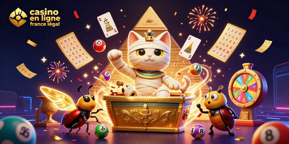 Illustration dynamique représentant un casino en ligne France légal avec un chat momie égyptien et des éléments de jeu