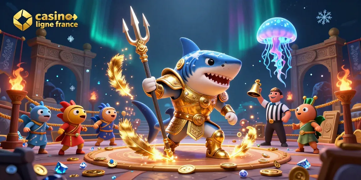 Illustration dynamique de casino en ligne France avec un requin tigre en armure d'or et un arbitre méduse.