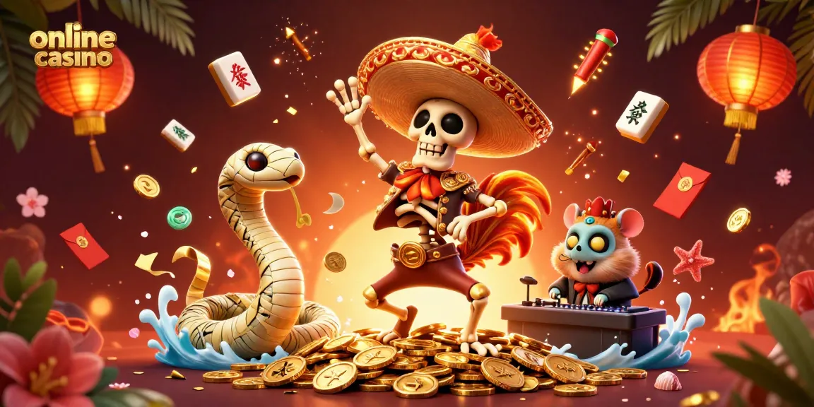 Delight in the vibrant world of online casino with a lively scene featuring engaging characters and festive elements.
